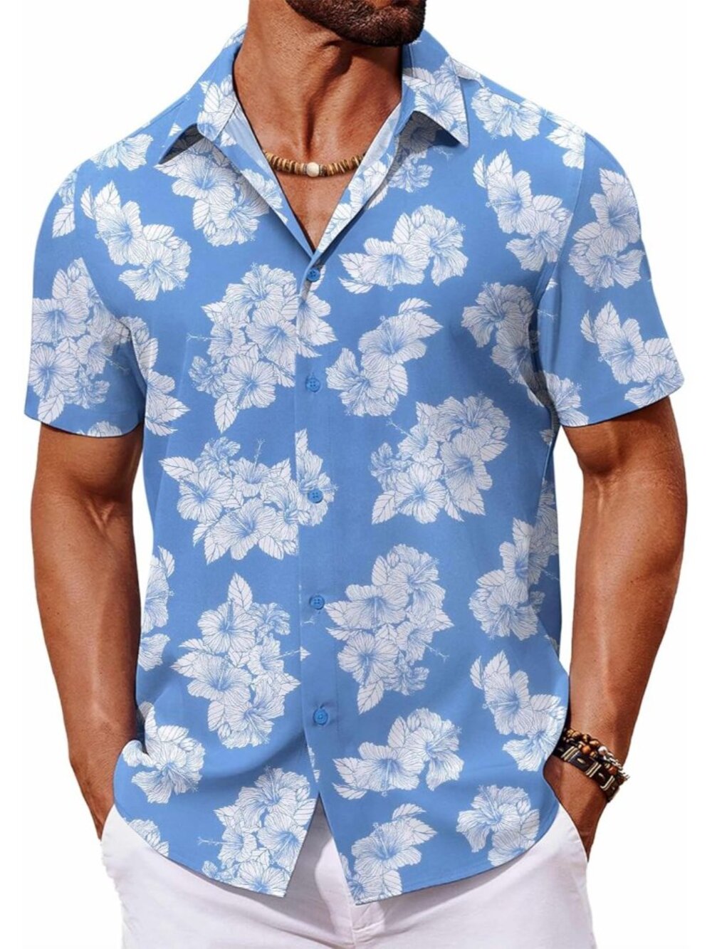 Men's Light Blue Hawaiian Short Sleeve Tropical Floral Summer Button Down Shirts